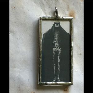 Death goth Victorian skeleton glass pendant